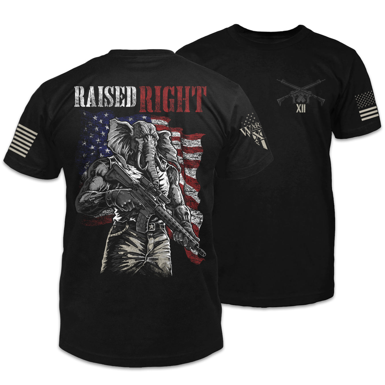 Front & back black t-shirt with the words "Raised Right" with an elephant holding a gun in front of the American flag printed on the shirt.