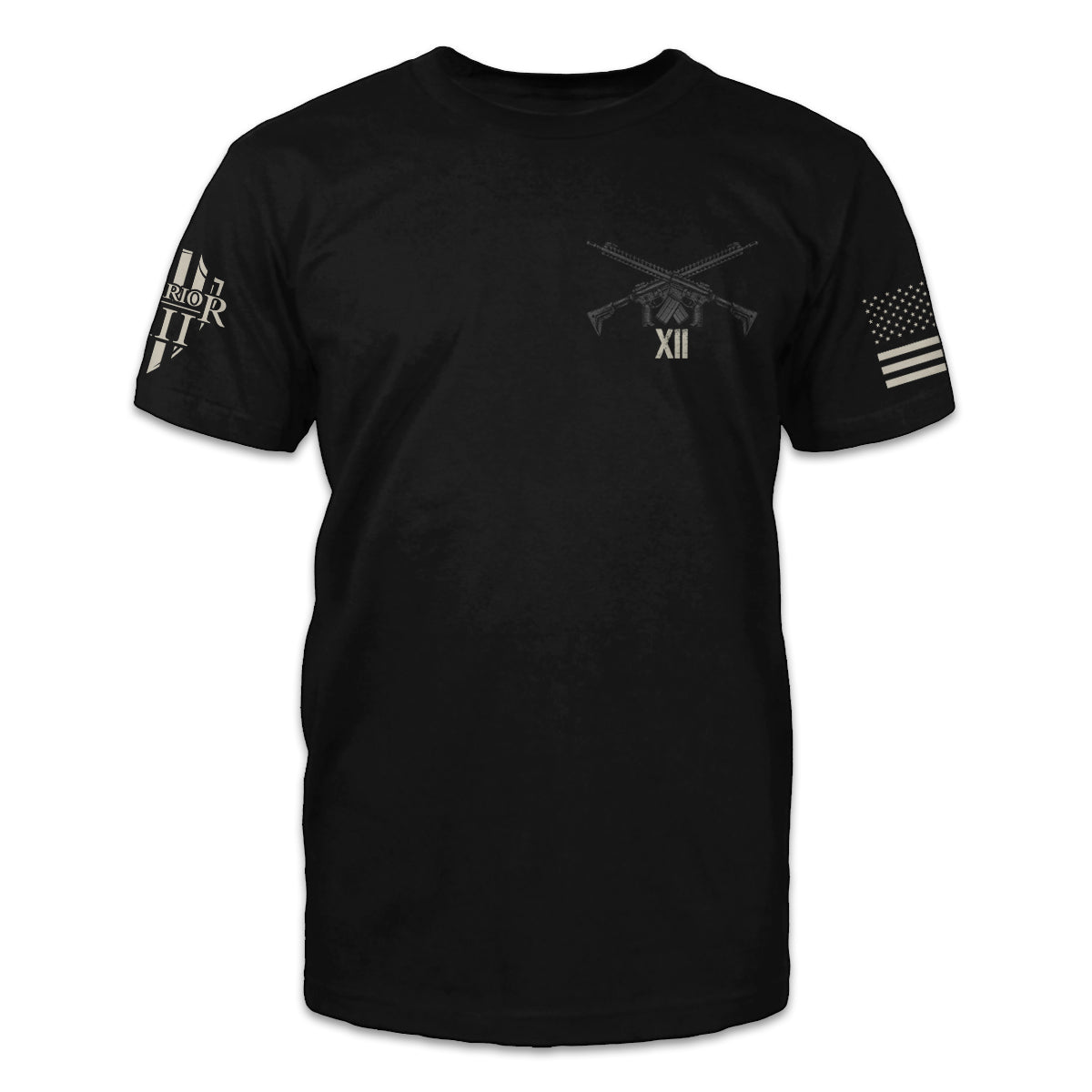 A black t-shirt with two gins crossed over printed on the front of the shirt.