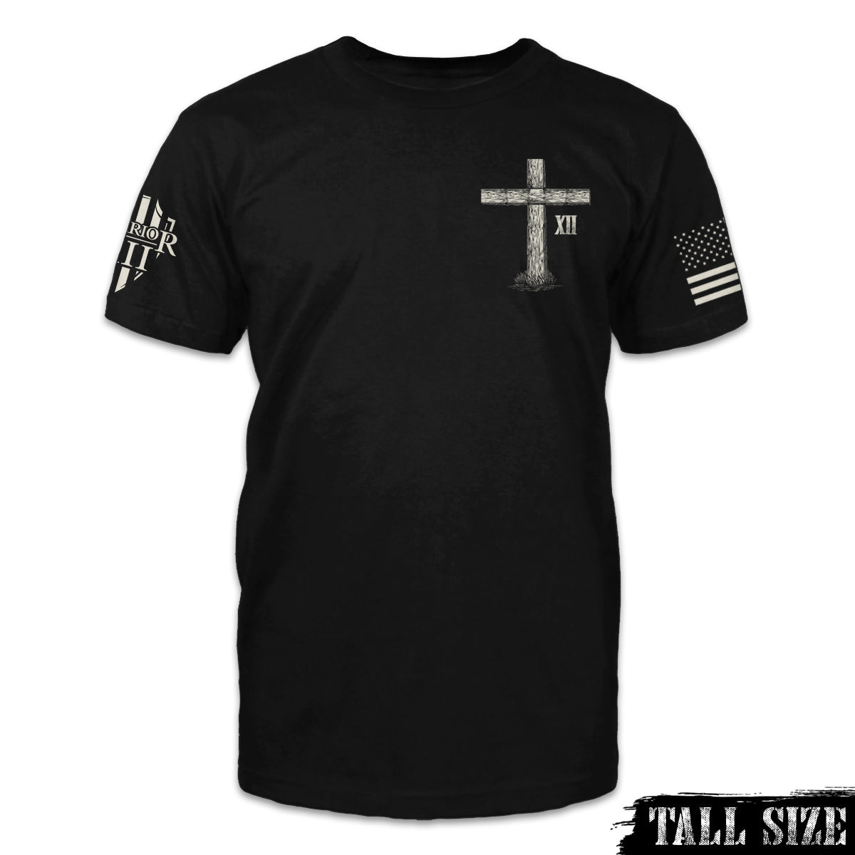 A black tall size shirt with a cross printed on the front.