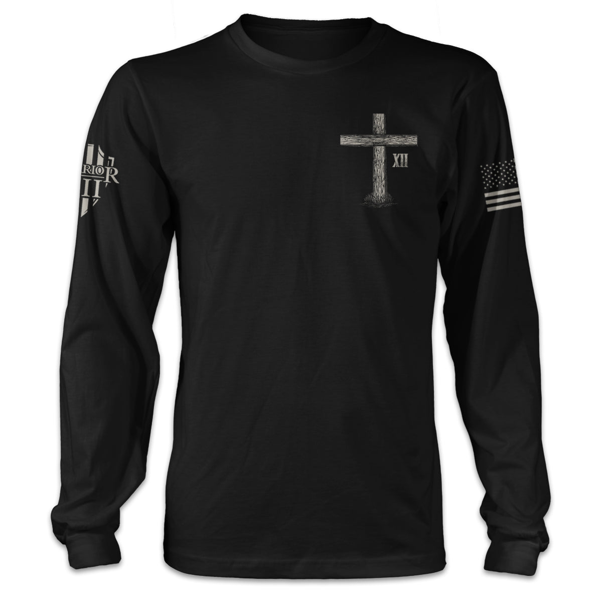 A black long sleeve shirt with a cross printed on the front.