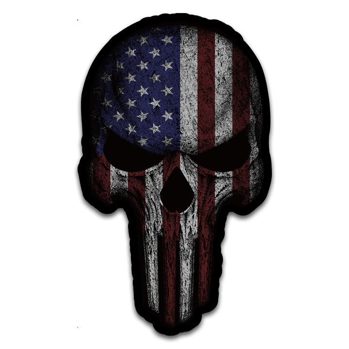 A Retribution decal that features a tactical red, white and blue American flag skull.