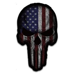 A Retribution decal that features a tactical red, white and blue American flag skull.