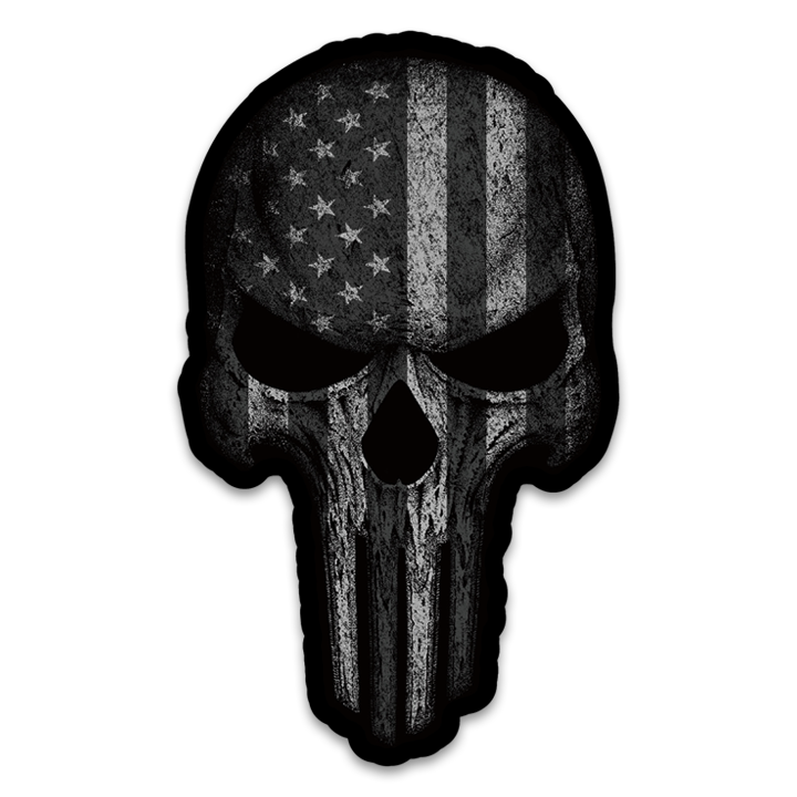 A Retribution decal that features a tactical black and white American flag skull.