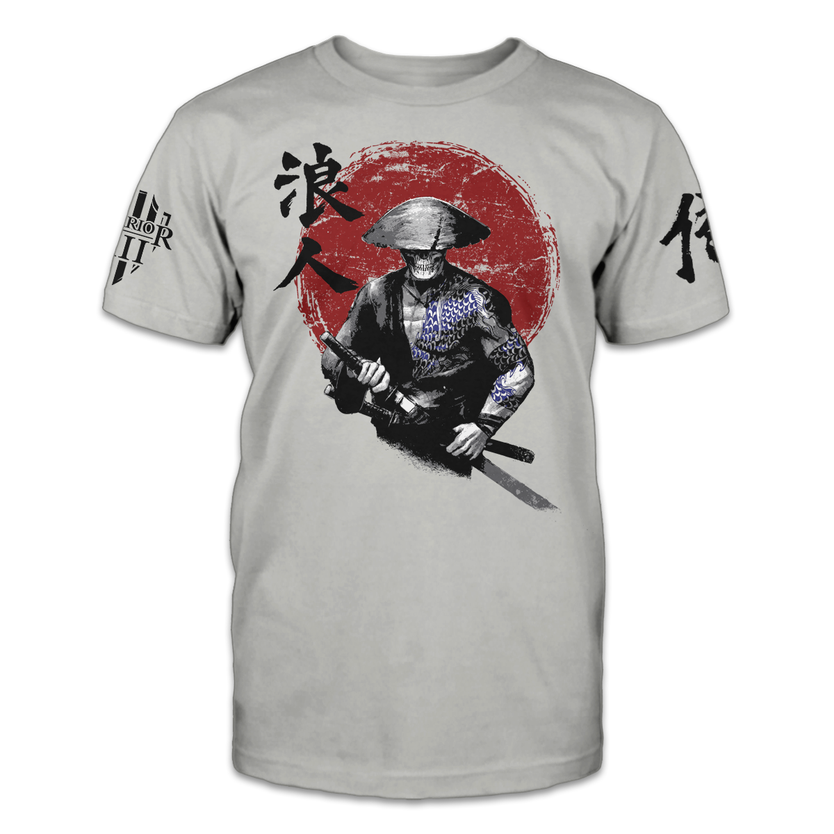 A light grey t-shirt that pays tribute to the lord-less samurai. It features Japanese lettering for "Ronin" along with a samurai warrior printed on the front of the shirt.