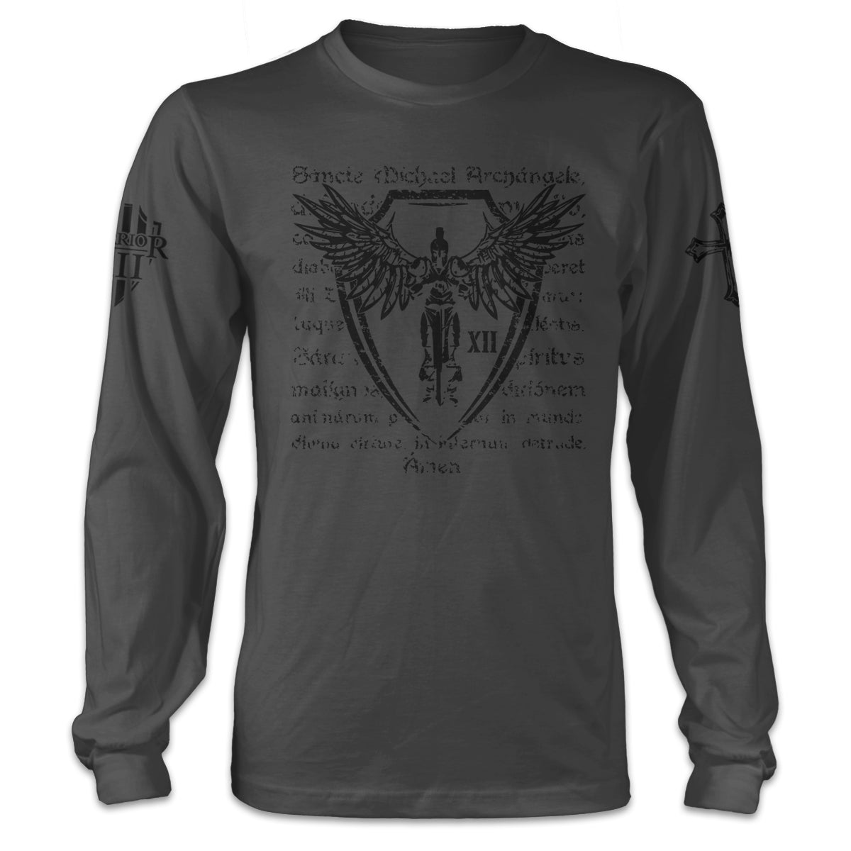 A grey long sleeve shirt with Saint Michael Archangel with wings and writing printed on the front.