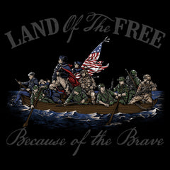 A close up of a black t-shirt with the words "land of the free" with figures that represent the Revolutionary War, Spanish-American War, World War I, World War II, the Korean War, the Vietnam War, the Gulf War, and the War in Afghanistan printed on the shirt.
