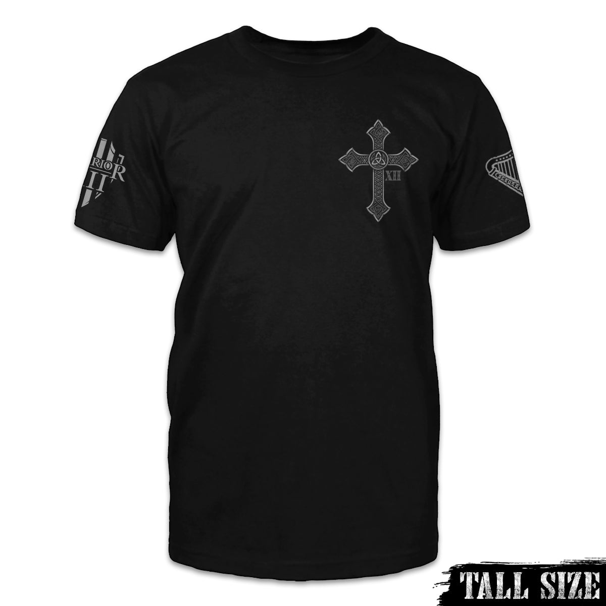 A black tall size shirt with across printed on the front of the shirt.