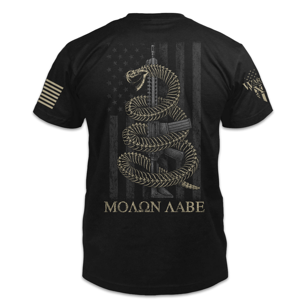 A black t-shirt  features a coiled skeletal rattlesnake ready to defend an AR-15 printed on the back of the shirt.