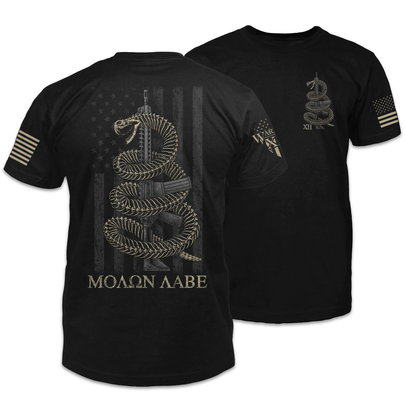 Front and back black t-shirt  features a coiled skeletal rattlesnake ready to defend an AR-15 printed on the shirt.