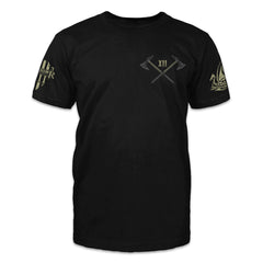 A black t-shirt with two axes crossed printed on the front of the shirt.