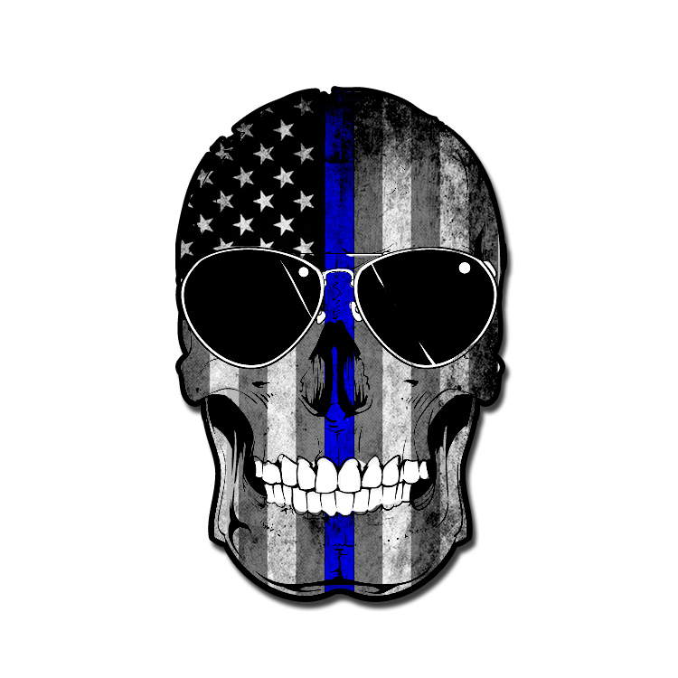 A decal with Thin Blue Line Flag Skull.