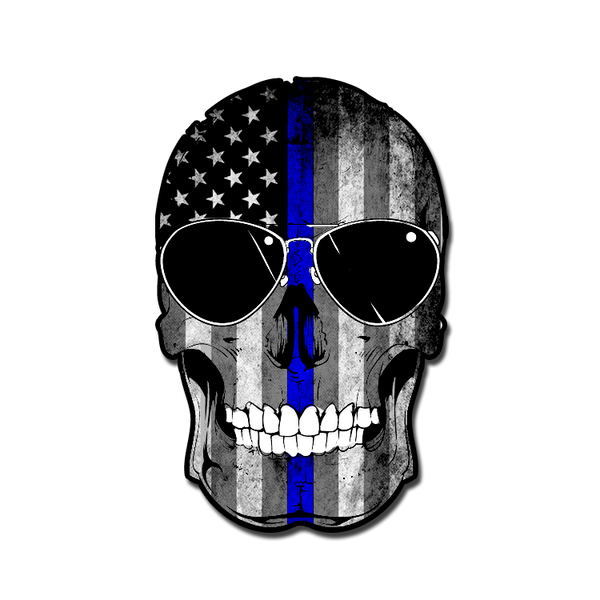 PUNISHER SKULL W/ US FLAG BACKGROUND AND THIN BLUE LINE PATCH POLICE SUPPORT