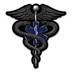 A decal with the health symbol with two snakes wrapped around it.
