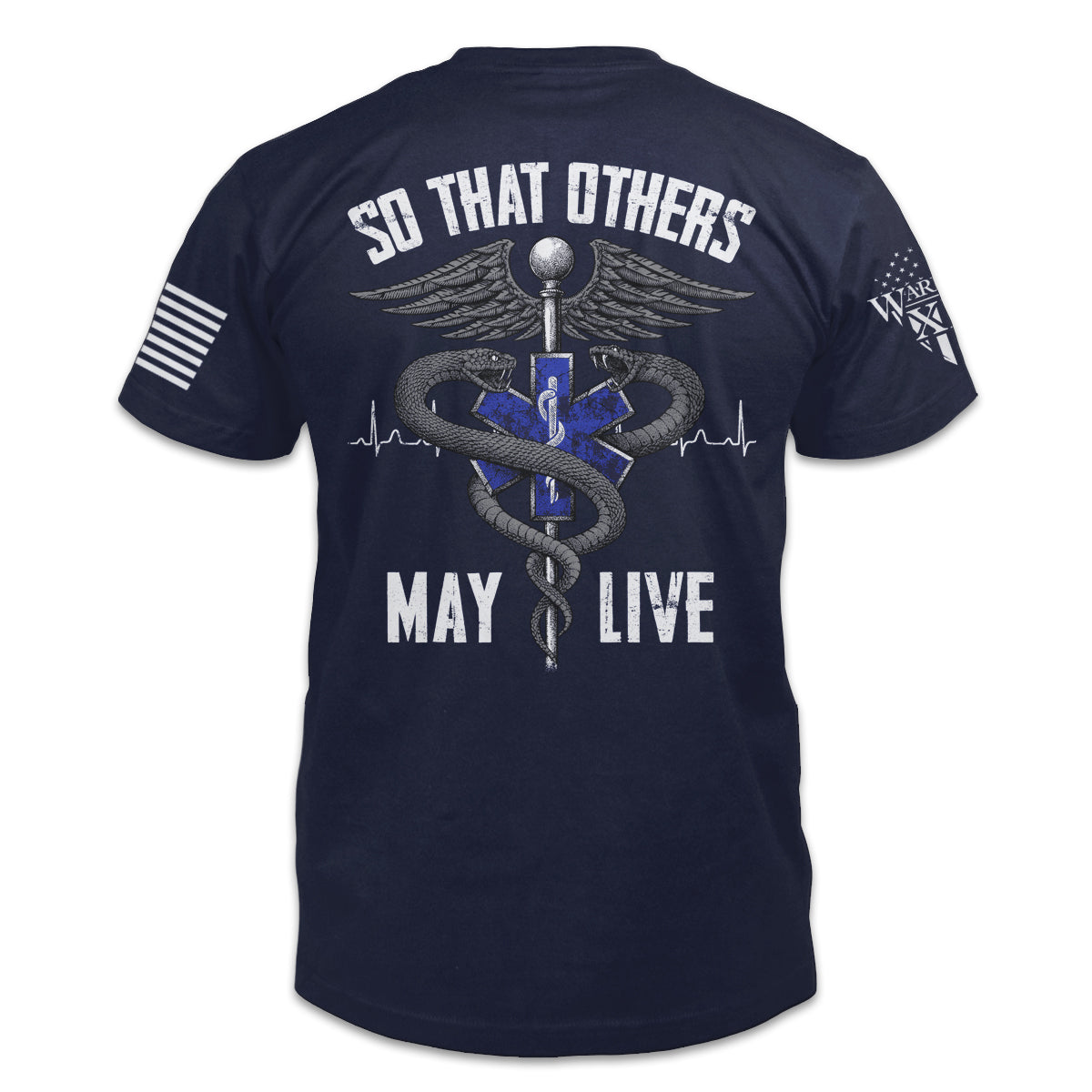 A navy blue t-shirt with the words "So That Others May Live" with the health symbol printed on the back of the shirt.