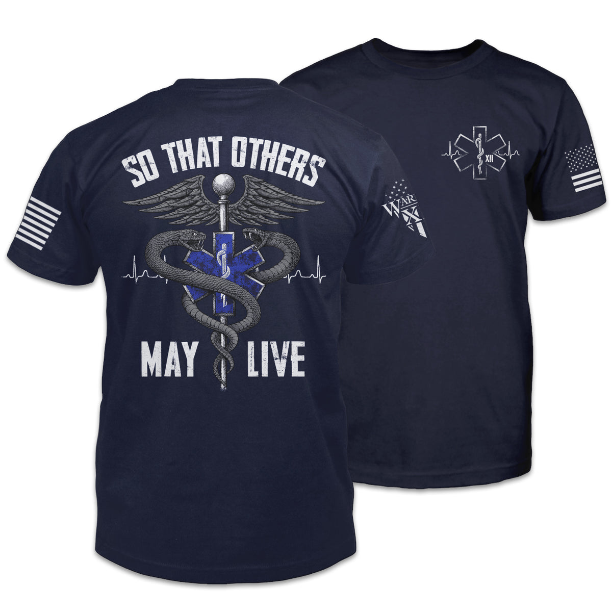Front and back navy blue t-shirt with the words "So That Others May Live" with the health symbol printed on the shirt.