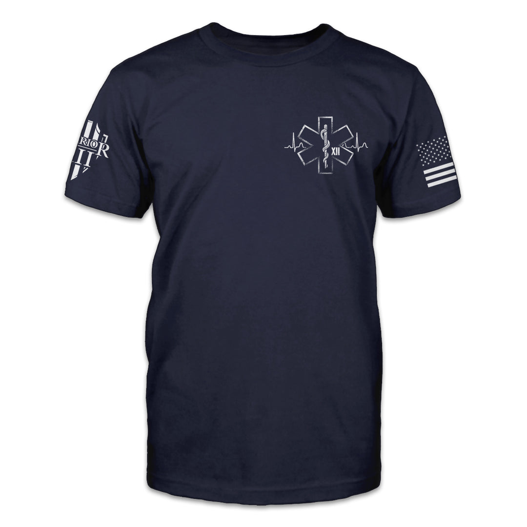 A navy blue t-shirt with the health symbol printed on the front.