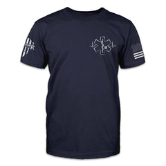 A navy blue t-shirt with the health symbol printed on the front.