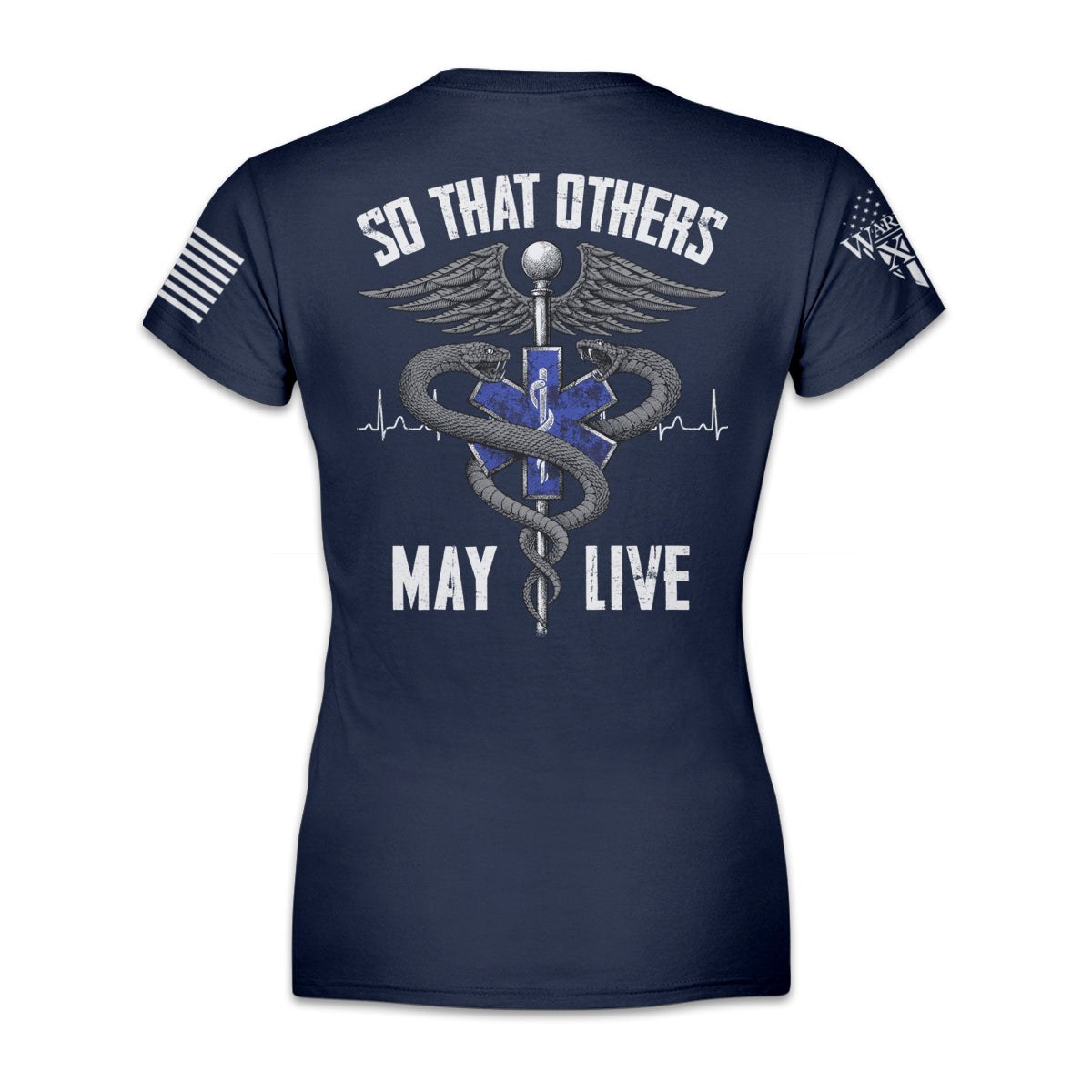 A navy blue women's relaxed fit shirt with the words "So That Others May Live" with the health symbol printed on the back of the shirt.