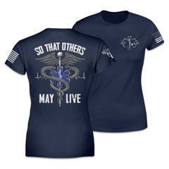 Front and back navy blue women's relaxed fit shirt with the words "So That Others May Live" with the health symbol printed on the shirt.