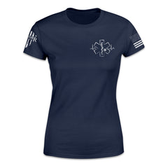 A navy blue women's relaxed fit shirt with the health symbol printed on the front.