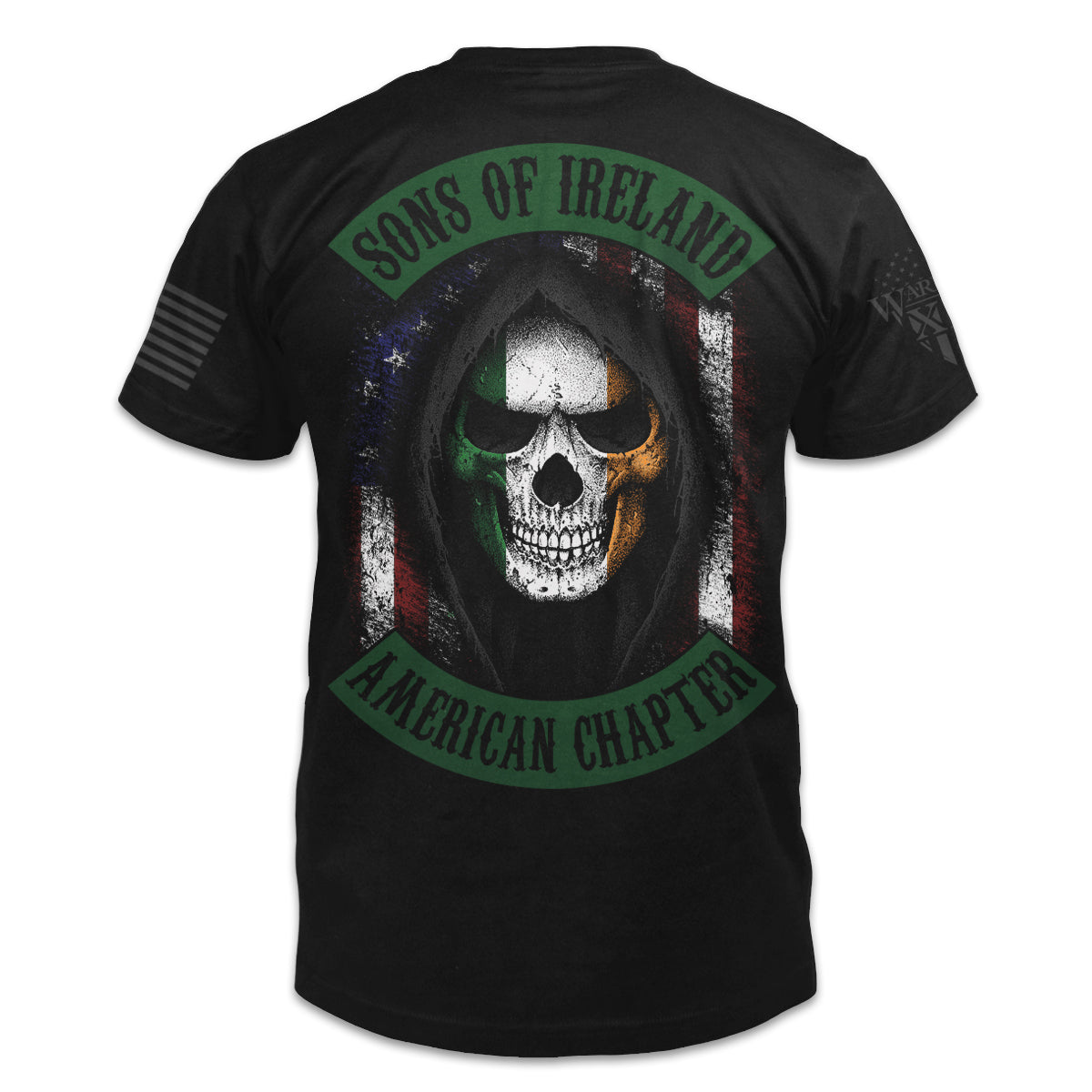 A black t-shirt with the words "Sons of Ireland - American Chapter" with a hooded irish skeleton with an American flag behind printed on the back of the shirt.