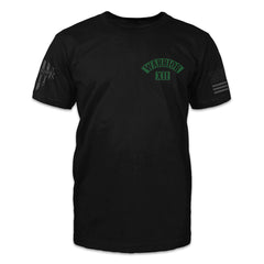 A black t-shirt with the words Warrior XII printed on the front of the shirt.