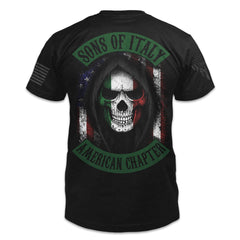 A black t-shirt with the words "Sons of Italy - American Chapter" with a hooded Italian skeleton with an American flag behind printed on the back of the  shirt.