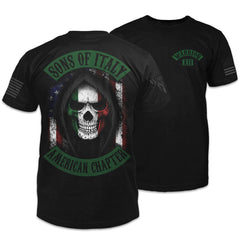 Front and back black t-shirt with the words "Sons of Italy - American Chapter" with a hooded Italian skeleton with an American flag behind printed on the shirt.