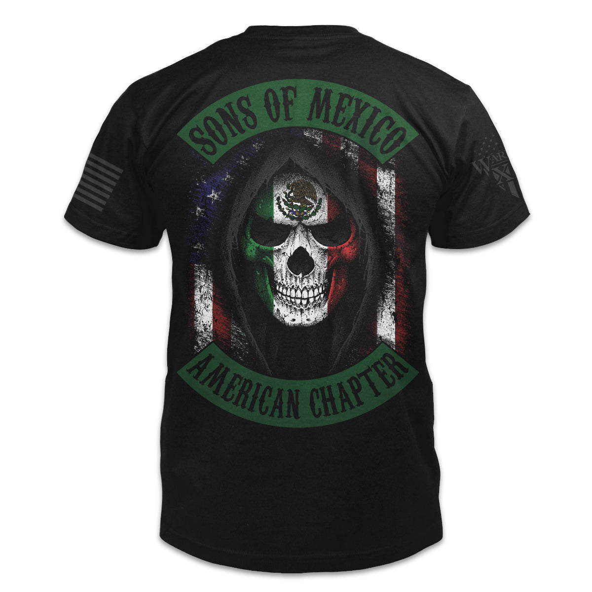 A black t-shirt with the words "Sons of Mexico - American Chapter" with a hooded Mexican skeleton with an American flag behind printed on the back of the shirt.