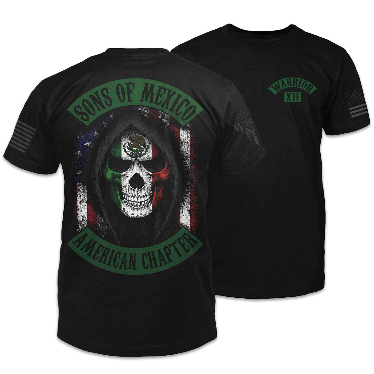 Front and back black t-shirt with the words "Sons of Mexico - American Chapter" with a hooded Mexican skeleton with an American flag behind printed on the shirt.