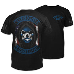 Front and back black t-shirt with the words "Sons of Scotland - American Chapter" with a hooded Scottish skeleton with an American flag behind printed on the shirt.