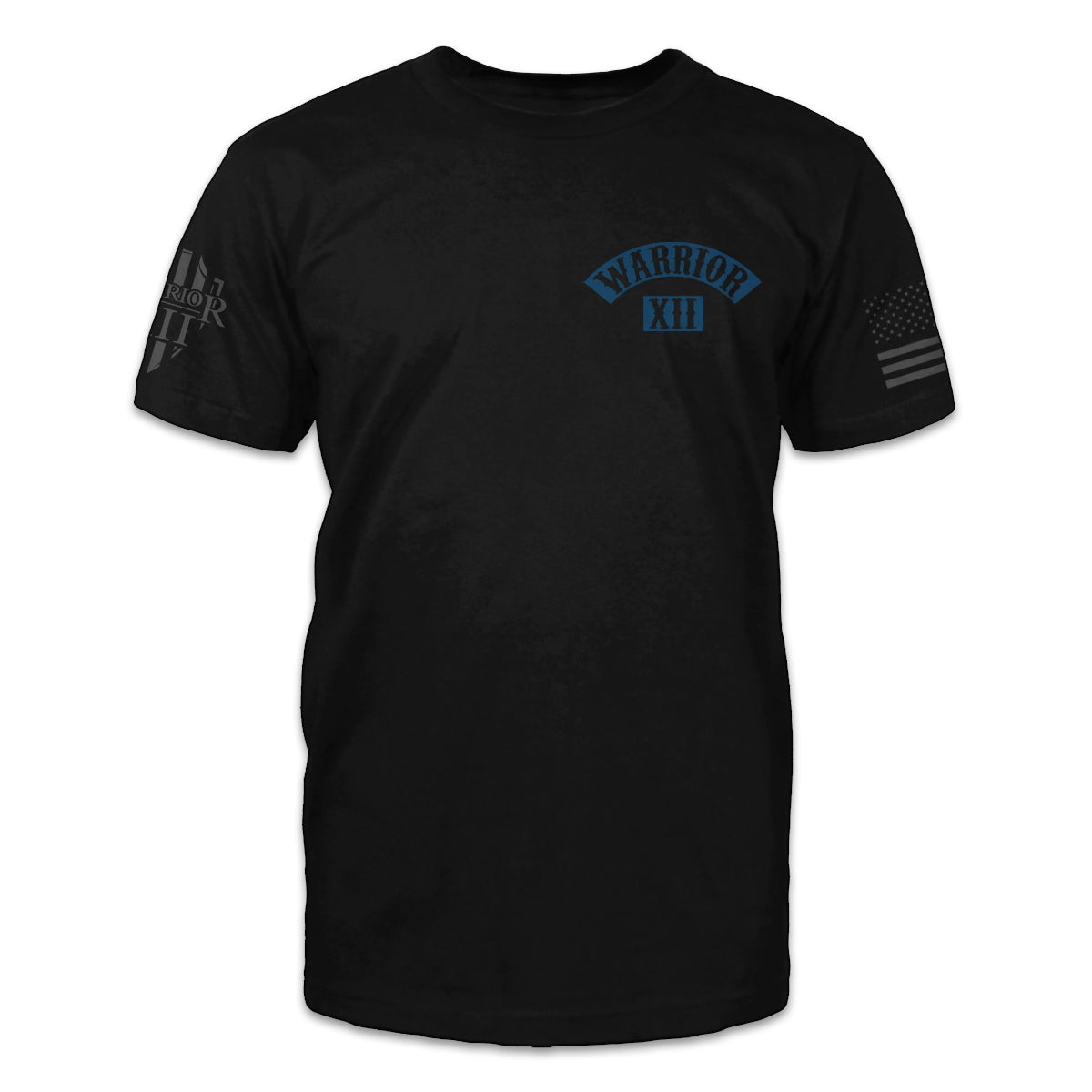 A black t-shirt with the words Warrior XII printed on the front of the shirt.