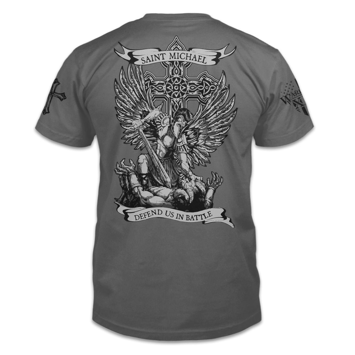A grey t-shirt with the words "Saint Michael defend us in battle" with Saint Michael Archangel in battle printed on the back of the shirt.