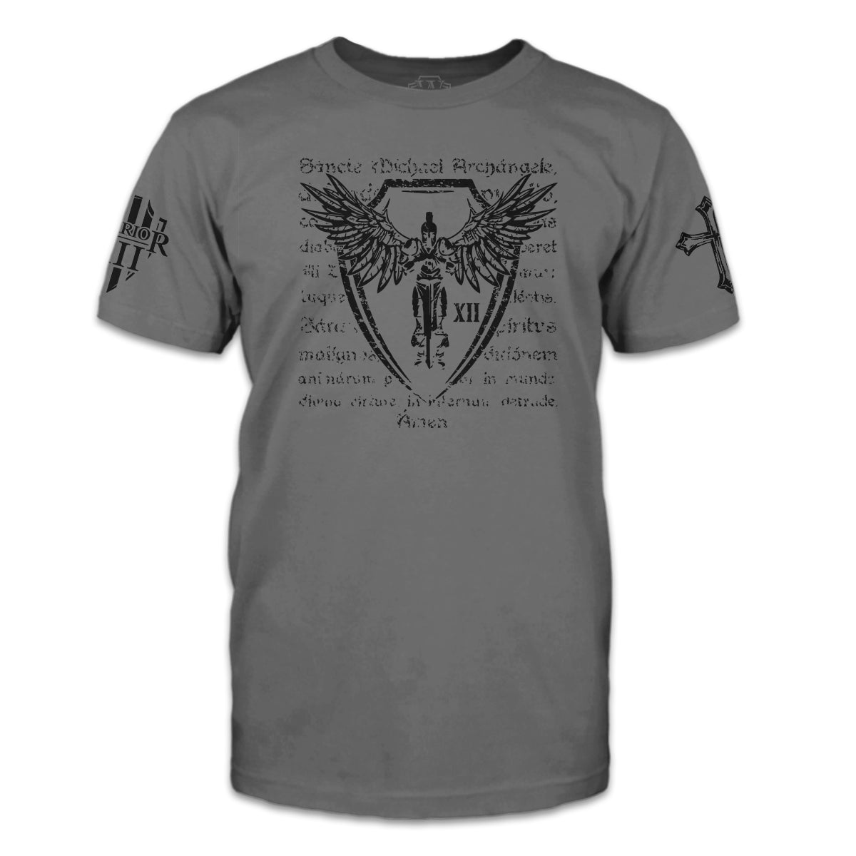 A grey shirt with Saint Michael Archangel with wings and writing printed on the front.