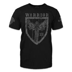 A black t-shirt with Saint Michael Warrior printed on the front.