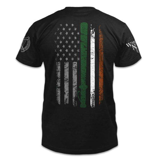 A black t-shirt which features St. Patrick's Irish Police Flag printed on the shirt.