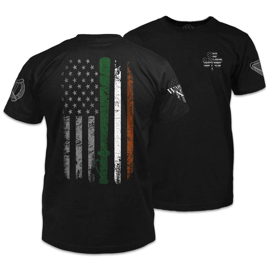 Front and back black t-shirt which features St. Patrick's Irish Police Flag printed on the shirt.