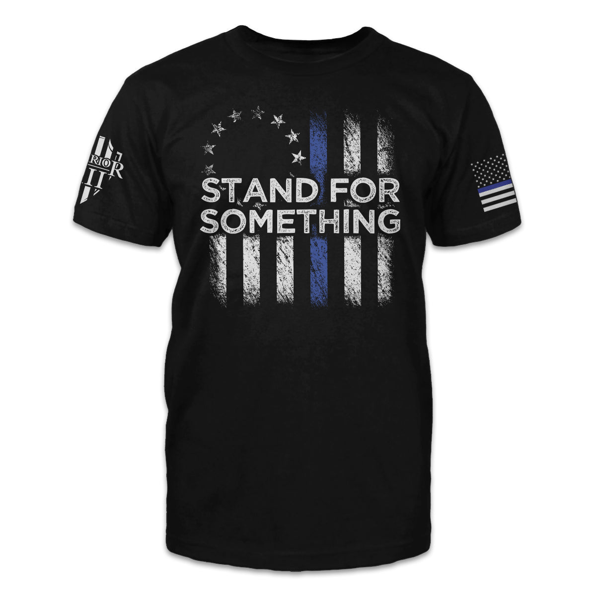 A black t-shirt with the words "Stand For Something" printed on the front of the shirt.