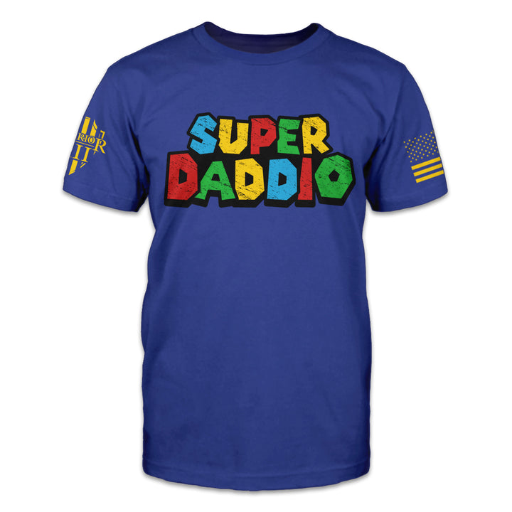 A navy blue t-shirt with the words "Super Daddio" printed on the front of the shirt.