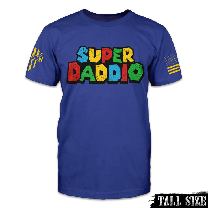 A navy blue tall size shirt with the words "Super Daddio" printed on the front of the shirt.