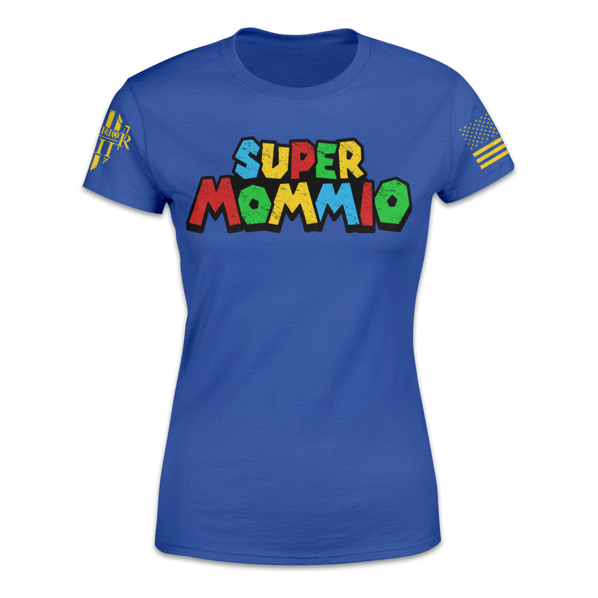 A blue women's t-shirt with the words "Super Mommio" on the front in colorful font