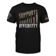 A black t-shirt with the words "Support diversity" with bullets printed on the front of the shirt.