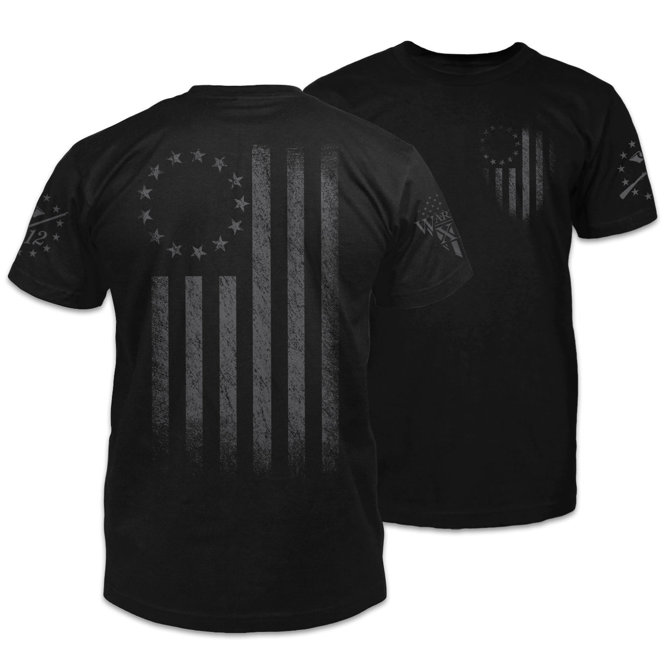 A front and back black t-shirt with the Tactical Betsy Ross flag shirt that pays tribute to the ideas which the United States of America was founded on. 