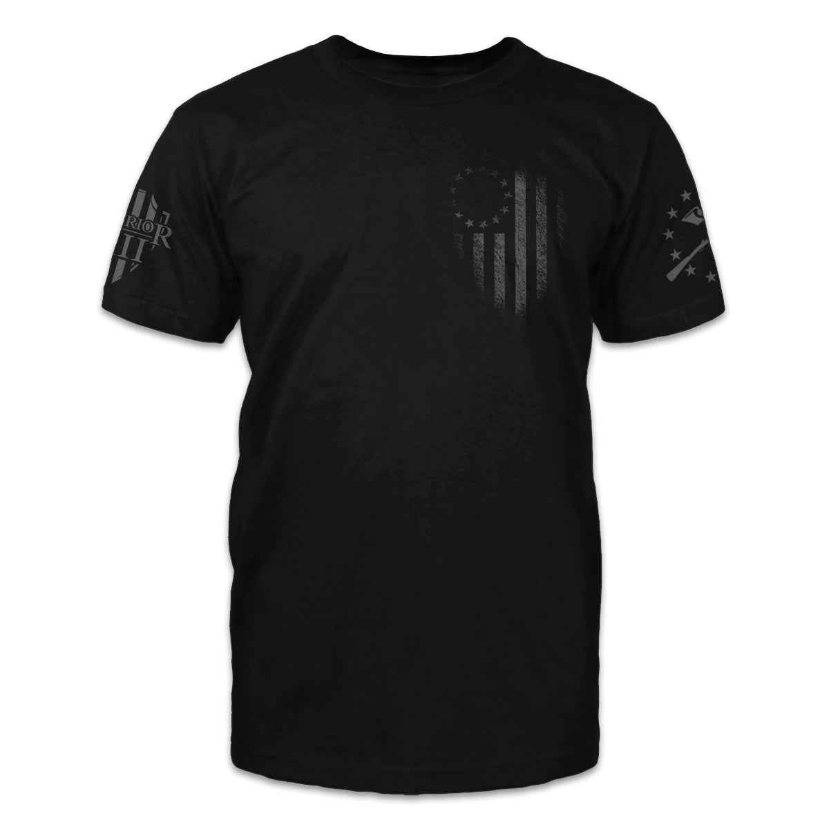 A black t-shirt with the betsy ross flag printed on the front of the shirt.