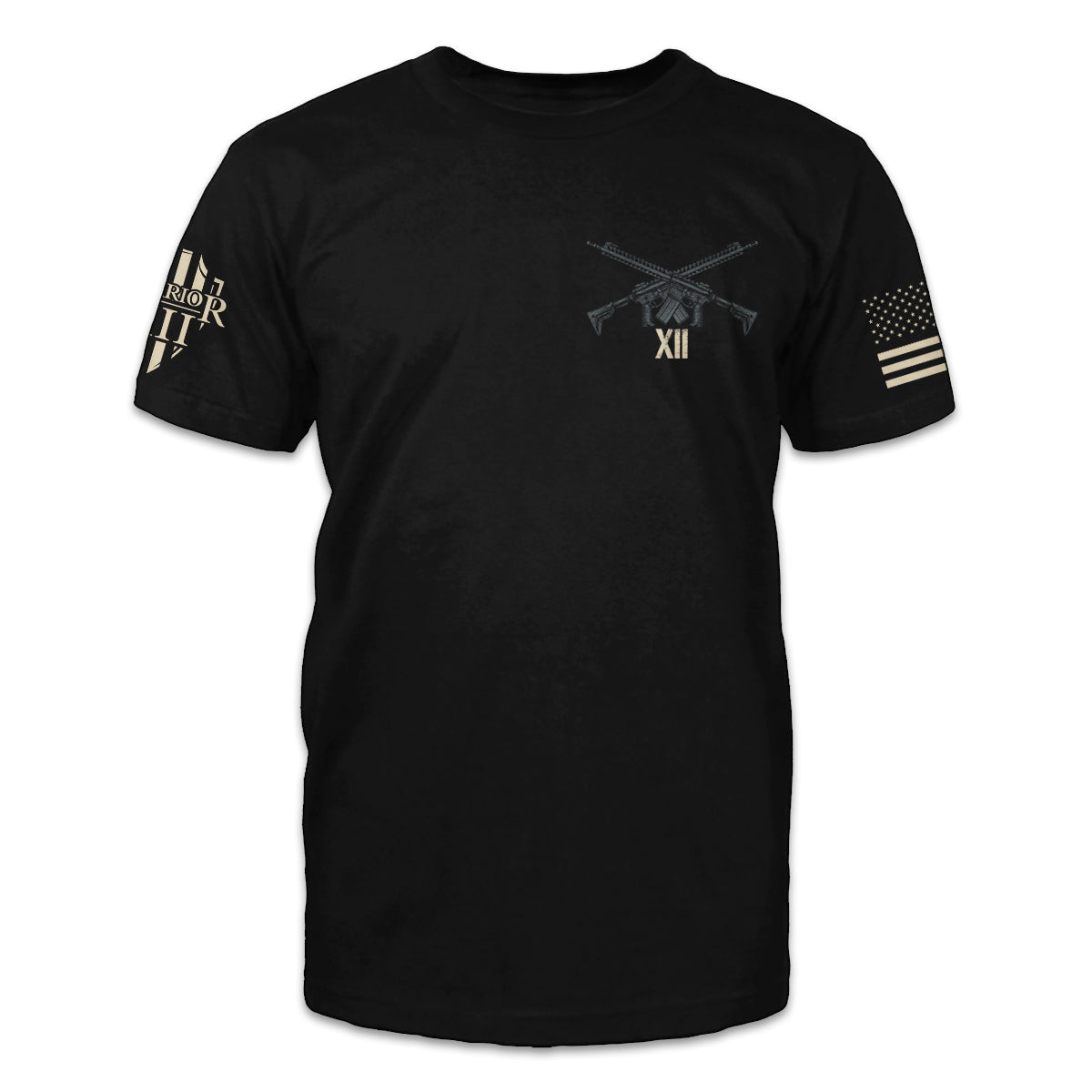 A black t-shirt with two AR15's crossed over printed on the front of the shirt.
