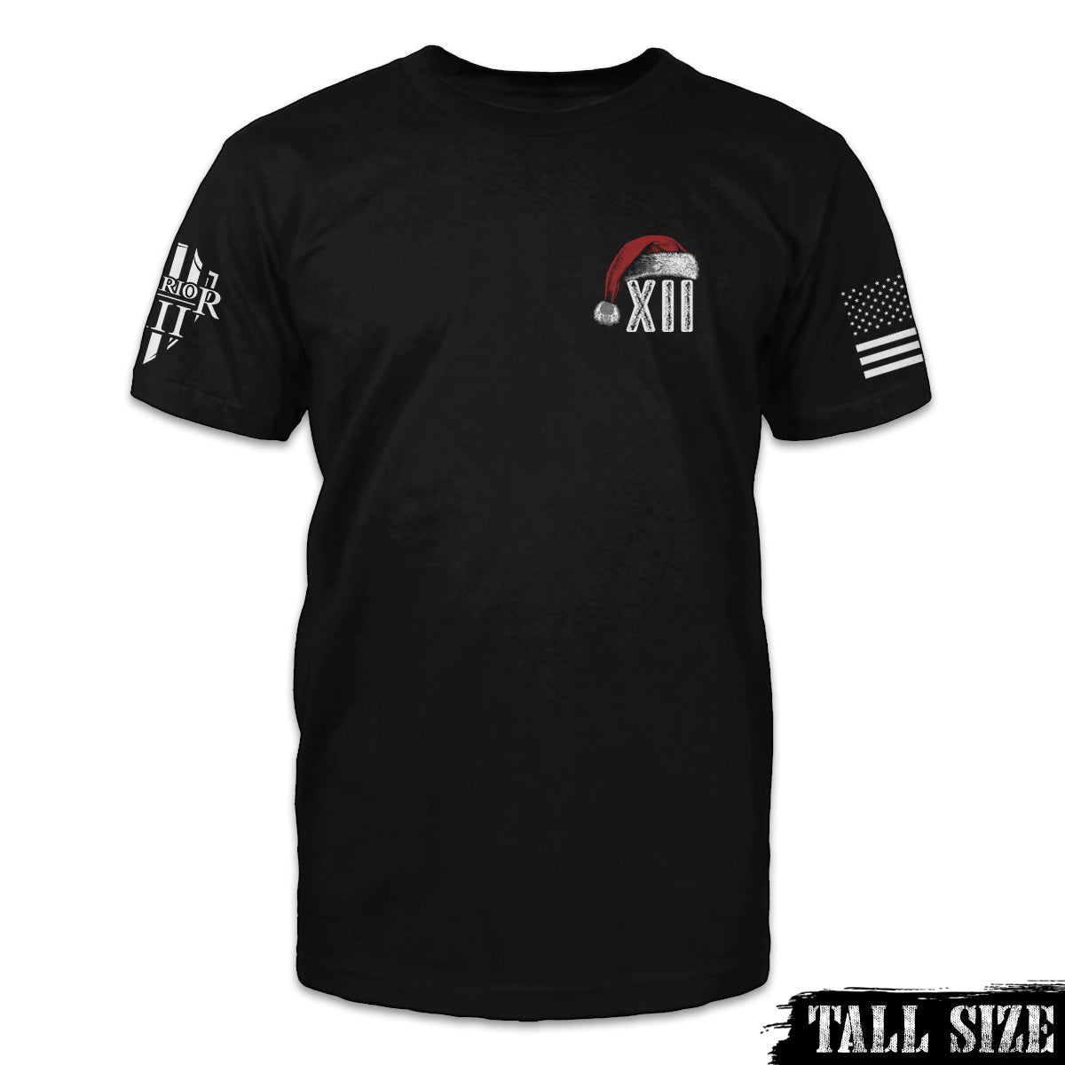 A black tall size shirt with roman numerals XII with a Santa's hat printed on the front of the shirt.