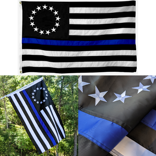 3 images showing the Embroidered Thin Blue Line Betsy Ross Flag