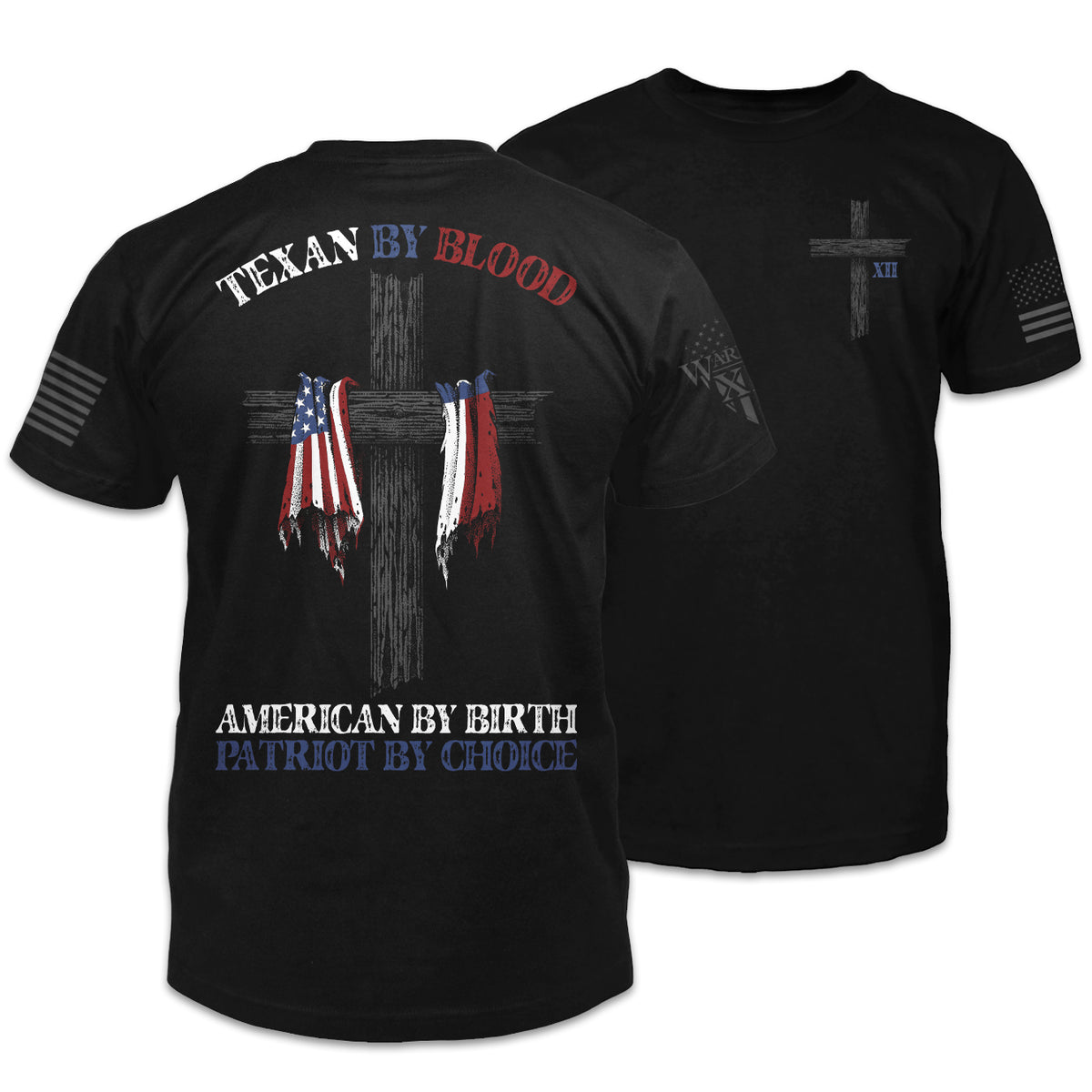 Front and back black t-shirt with the words "Texan by blood, American by birth, patriot by choice" with the Texas and USA flag printed on the shirt.
