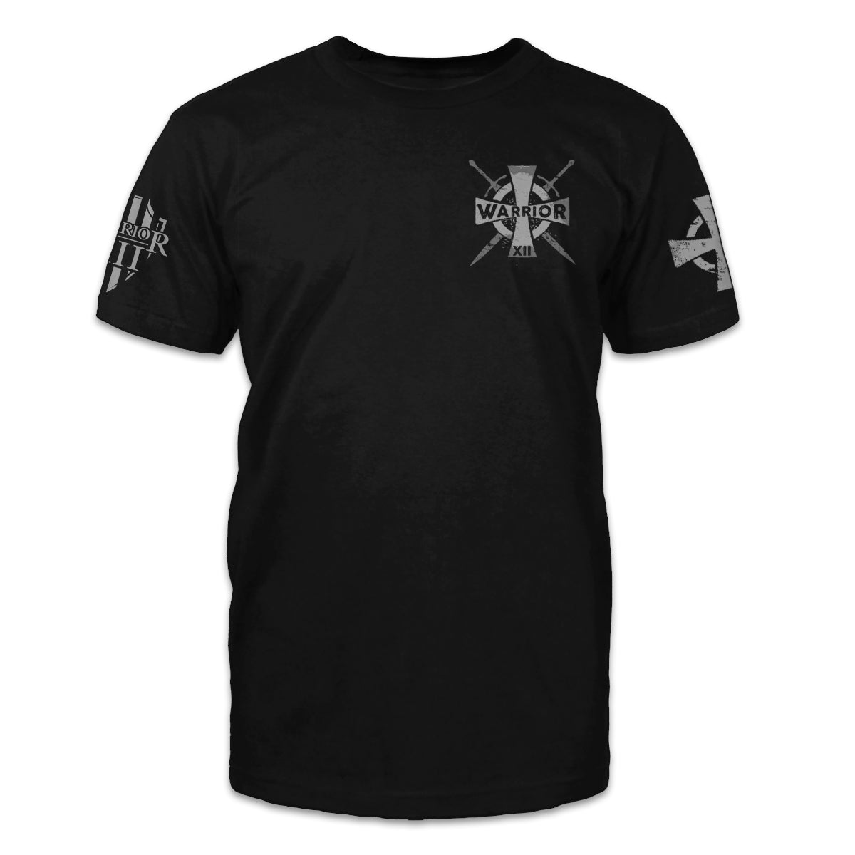 A black t-shirt with a templar cross printed on the front of the shirt.