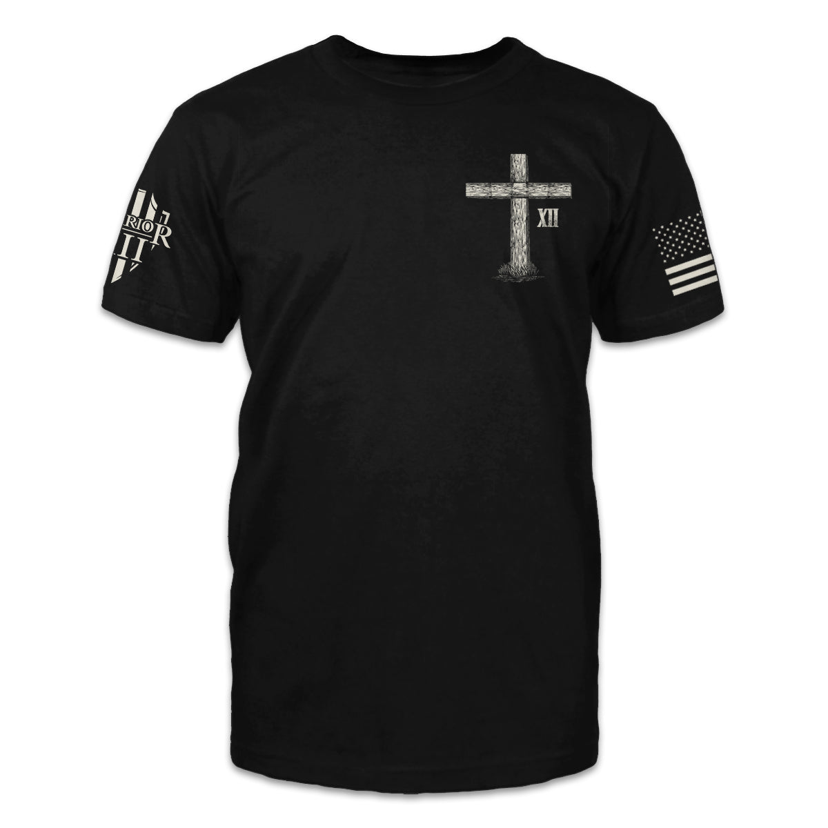 A black t-shirt with a cross printed on the front.